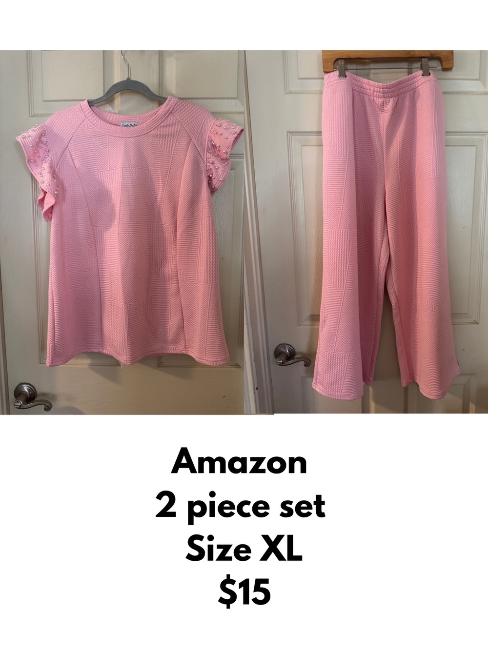 Amazon Pink Knit Two-Piece Lounge Pajama Set with Ruffle Sleeves